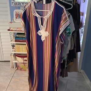 Red and Blue V-Neck Maxi Dress with Dolman Sleeves